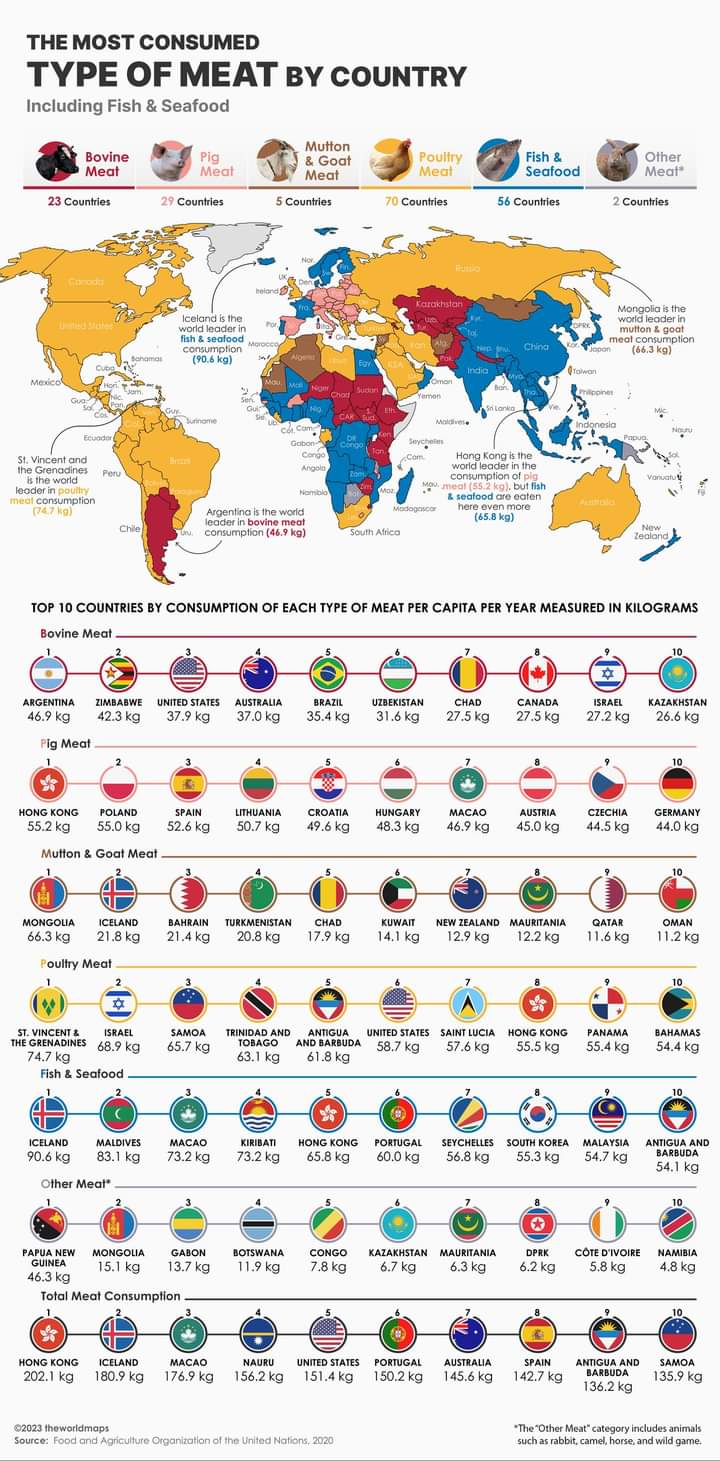 𝐌𝐞𝐚𝐭 c𝐨𝐧𝐬𝐮𝐦𝐩𝐭𝐢𝐨𝐧 b𝐲 c𝐨𝐮𝐧𝐭𝐫𝐲: In this graphic, the WORLDMAPS highlights the most consumed type of meat in every country in the world